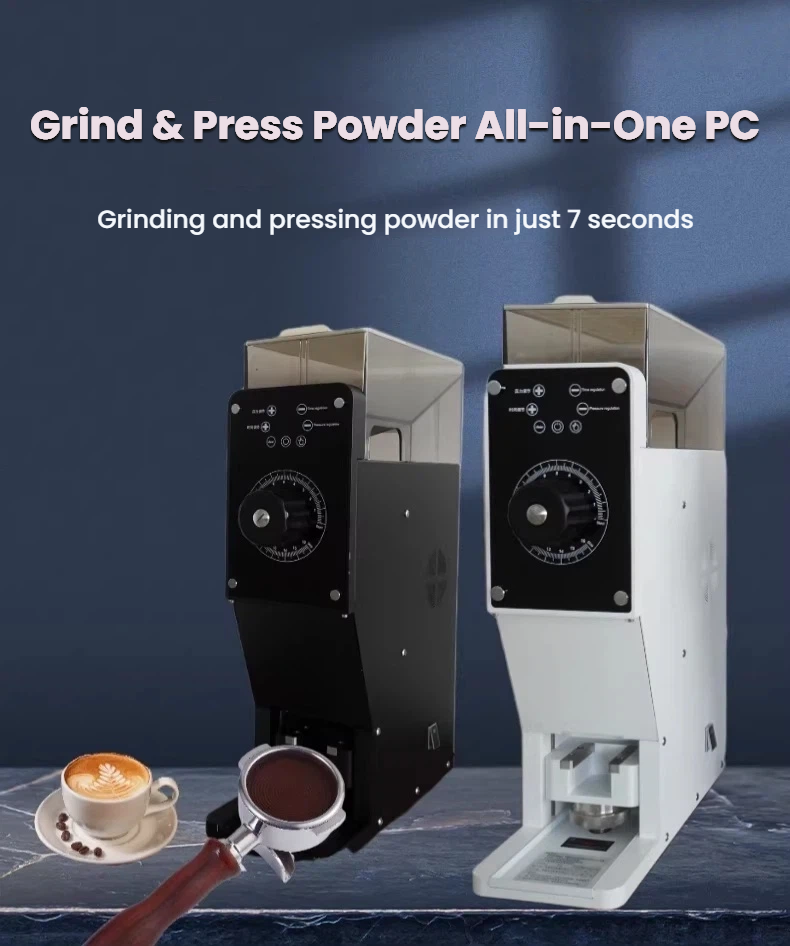 Commercial Coffee Grinder and Tamper All-in-One, 98mm Titanium Flat Burr, LCD Touch Screen, 7s Grind & Press